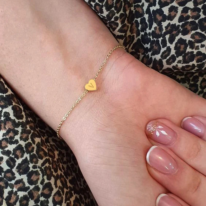 Personalised Initial Bracelet - Dainty Heart Pendant in Gold or Steel