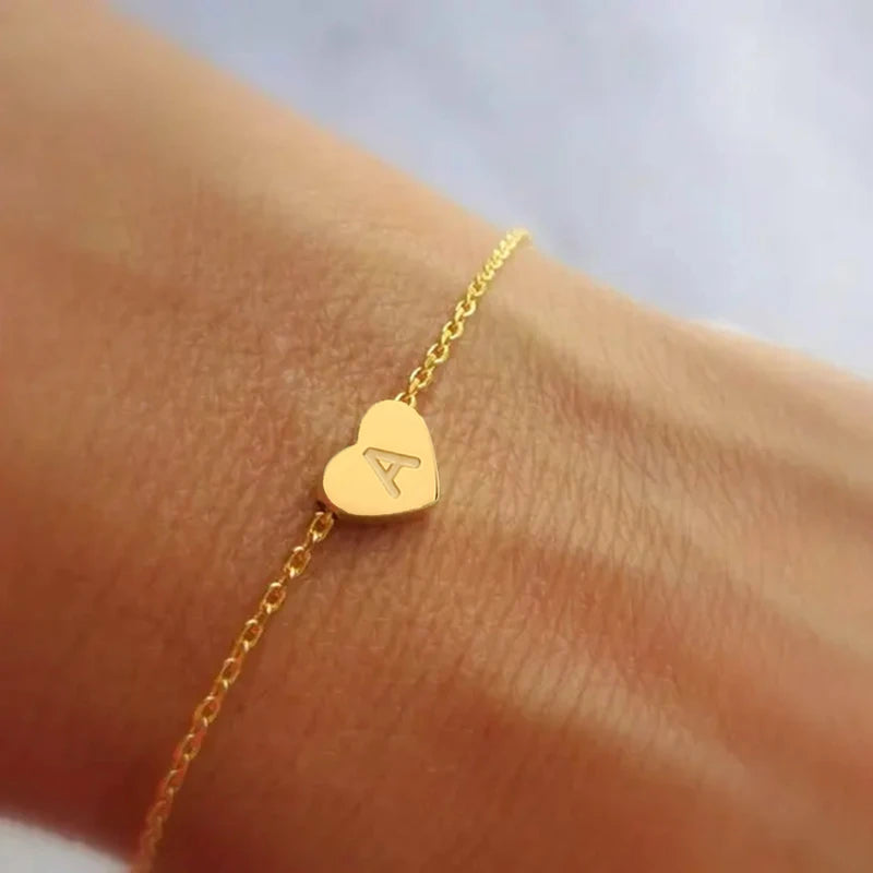 Personalised Initial Bracelet - Dainty Heart Pendant in Gold or Steel