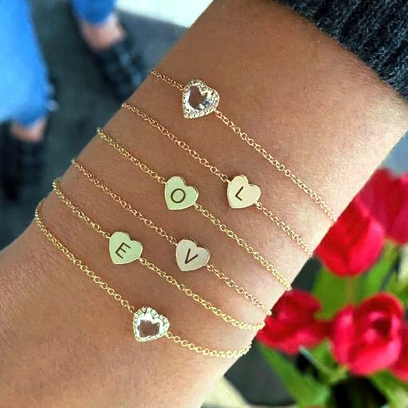 Personalised Initial Bracelet - Dainty Heart Pendant in Gold or Steel